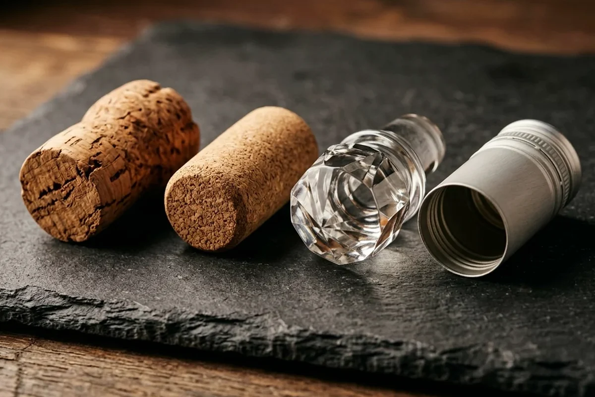 Natural cork stoppers, a glass stopper, and an unbranded matte aluminum screw cap resting side by side on a dark slate surface.