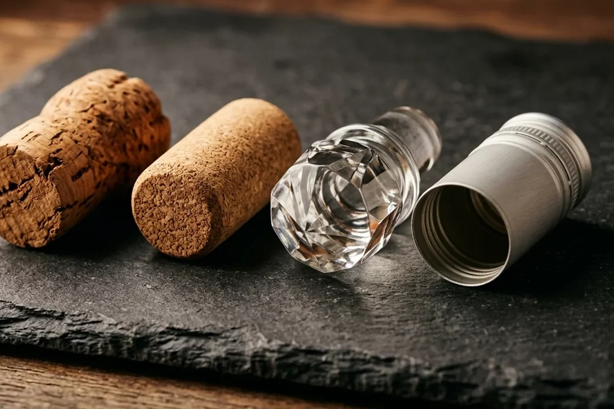 Close-up of an unbranded matte aluminum screw cap and a dark glass wine bottle neck on a wooden cellar surface.
