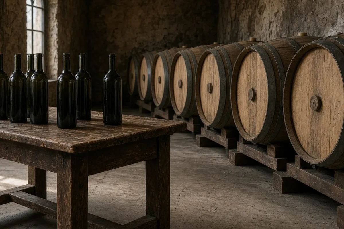Rows of oak wine barrels resting on steel racks inside a humid concrete winery cellar.