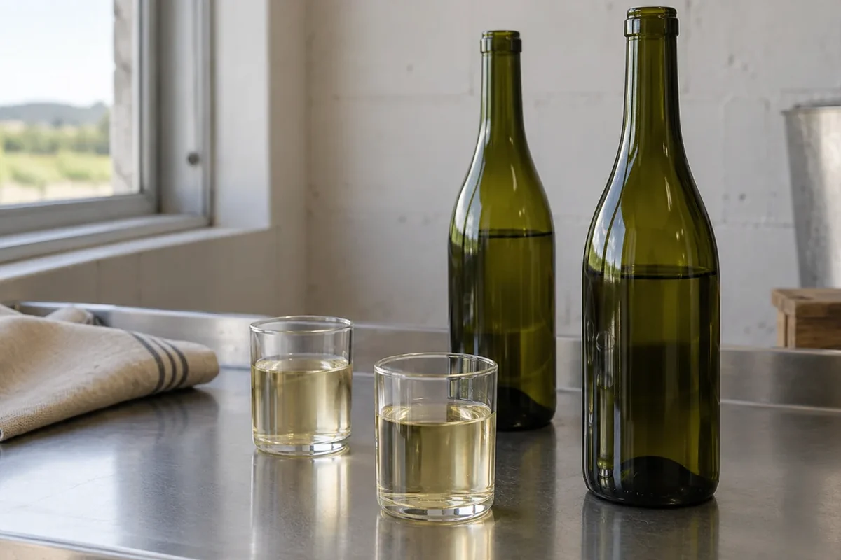 Two clear tasting glasses of pale white wine beside two unlabelled dark green wine bottles on a stainless steel bench.