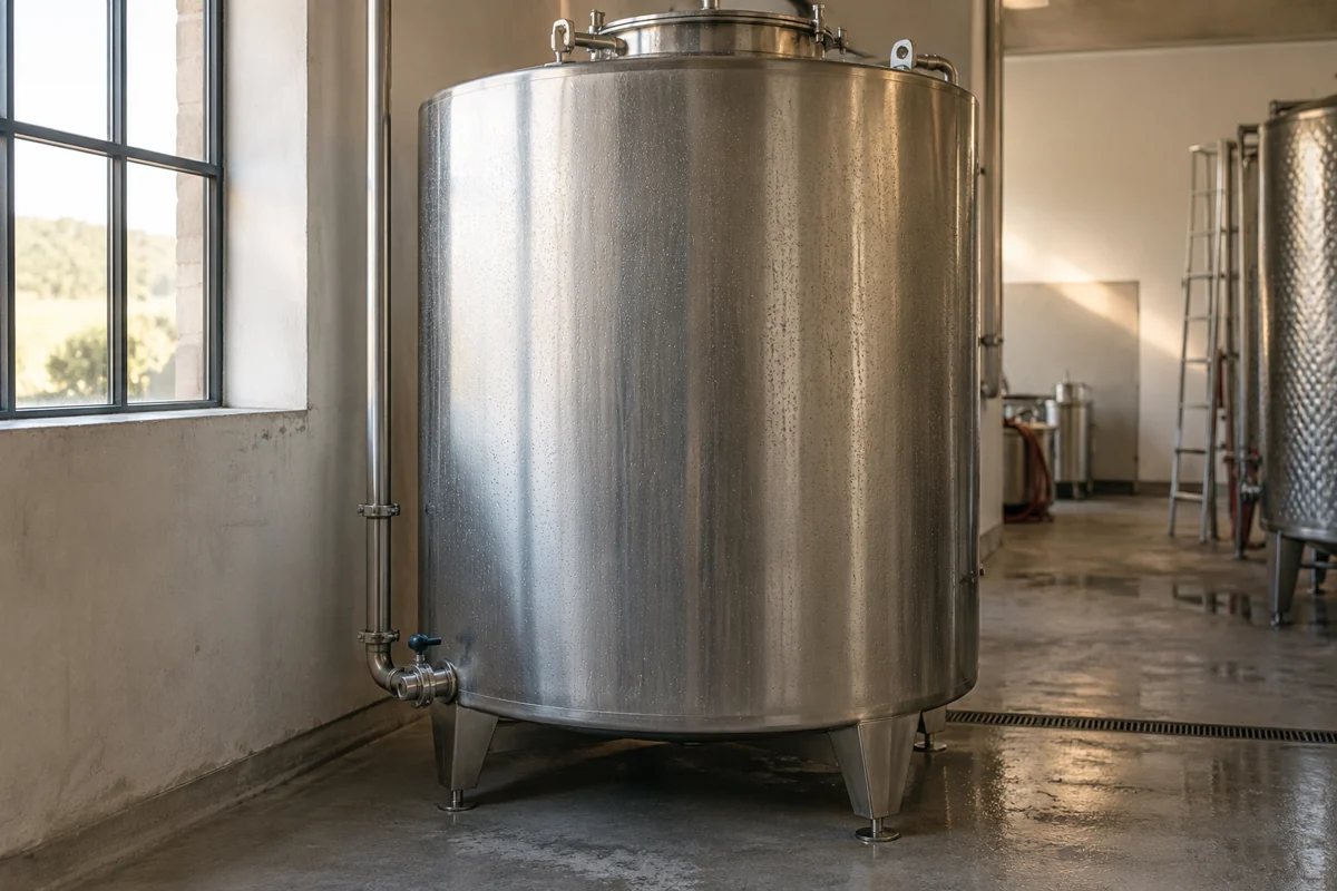 Condensation on a stainless steel cellar tank beside a window.
