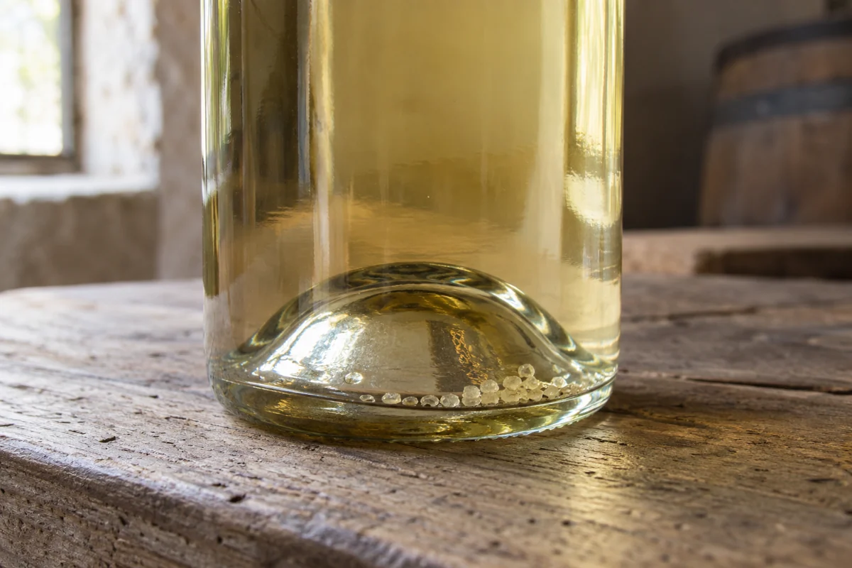 Small pale crystals along the inside bottom edge of a clear bottle containing straw-colored wine