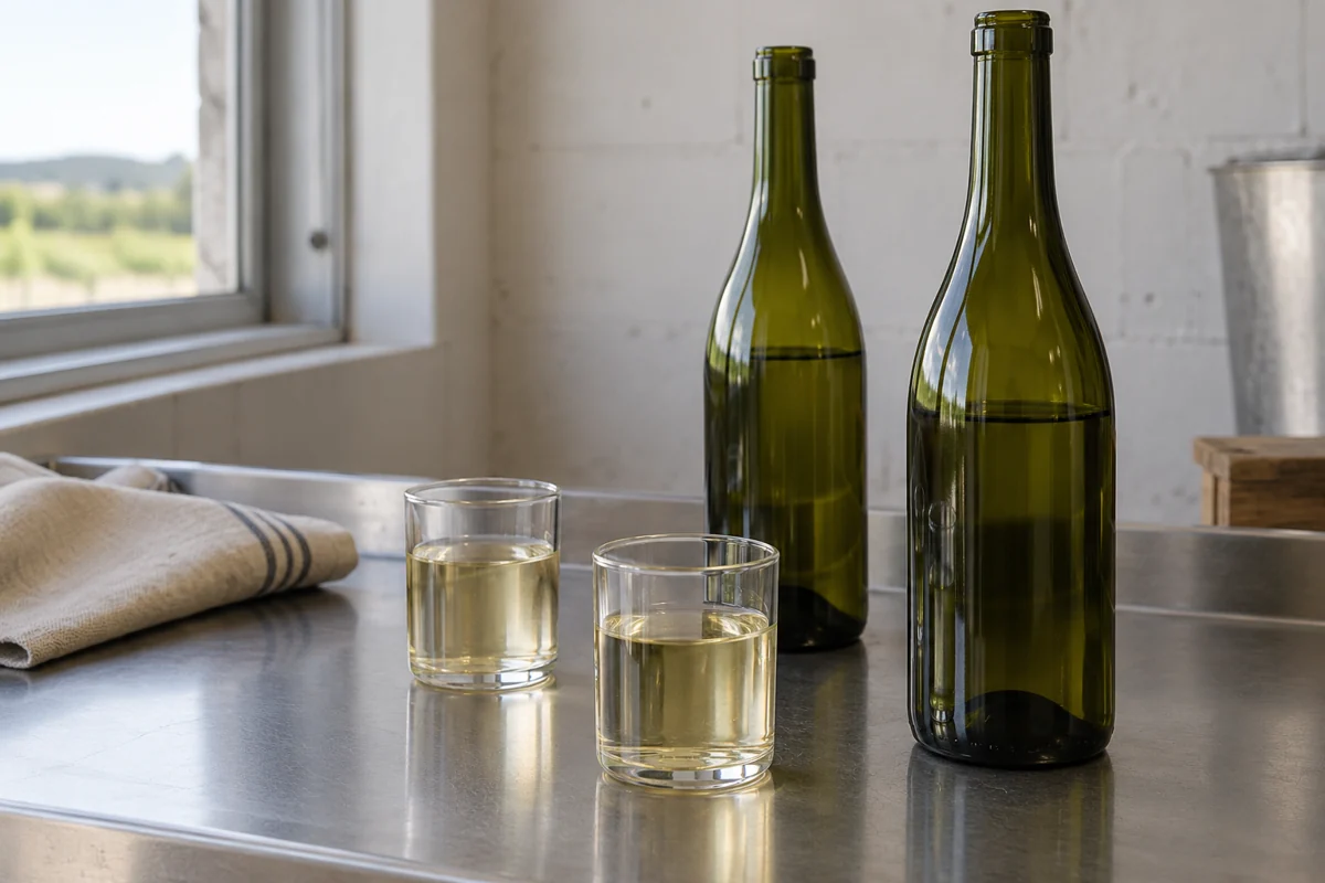 Two small clear vessels holding pale wine beside two unlabelled green wine bottles on a stainless steel bench