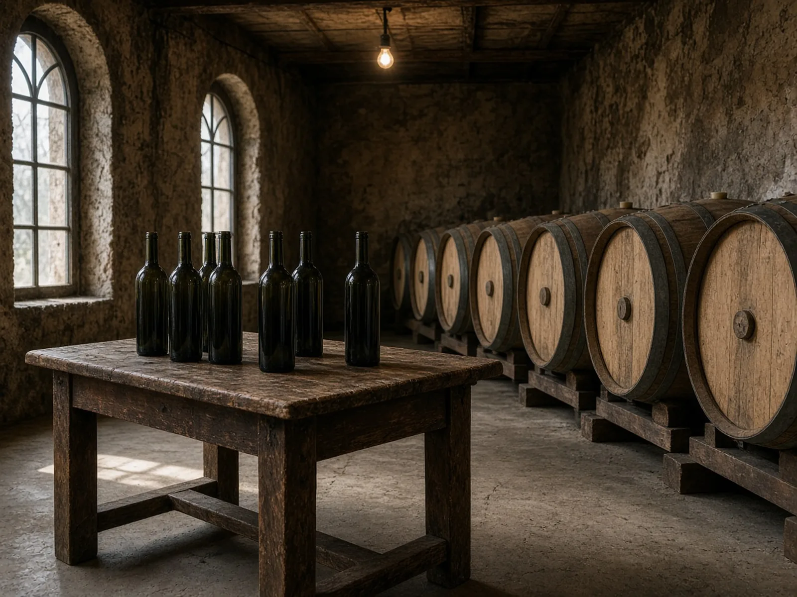 Empty dark bottles with no labels on a wooden table, in the same cellar room as a row of barrels