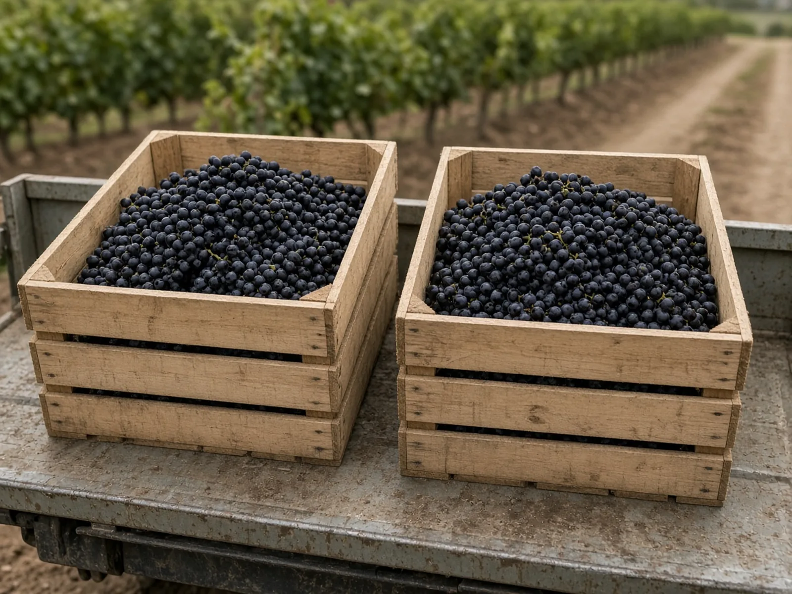 Two wooden crates of dark grapes on a truck tailgate, with vine rows behind them