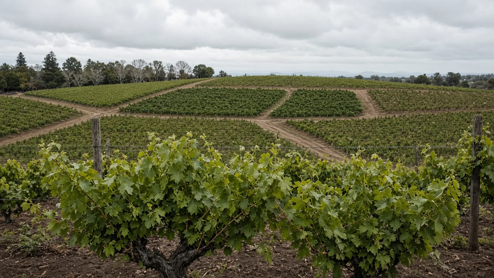 One vine row in the foreground, with several vine blocks beyond a wire fence