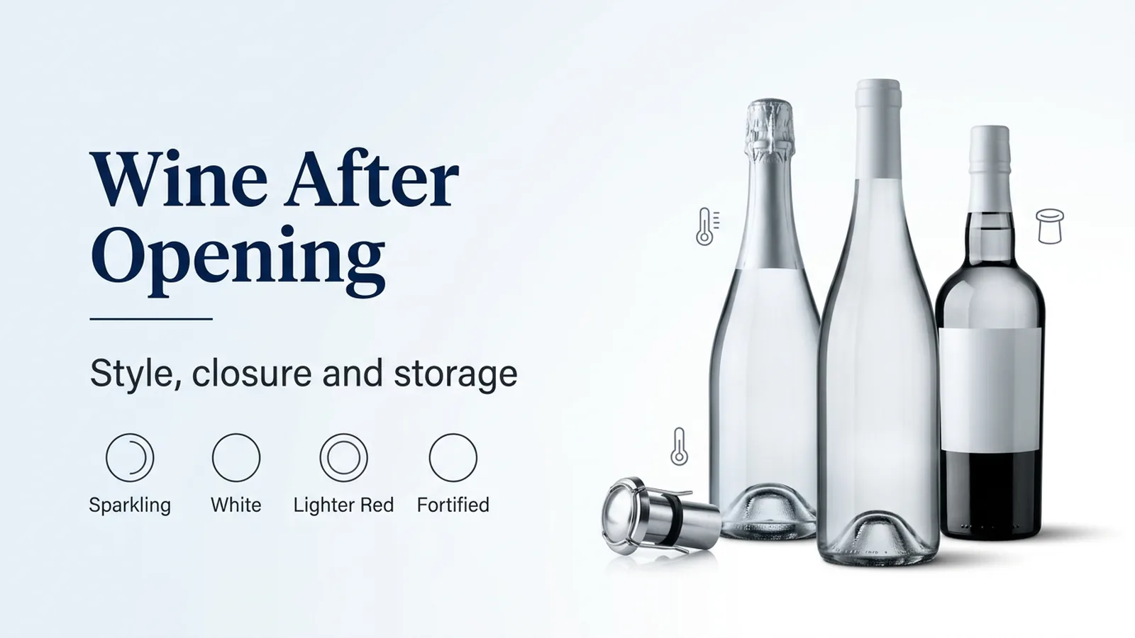 Opened-wine styles compared through unlabeled bottles, a sparkling stopper and storage symbols.