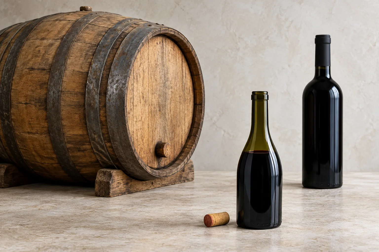 Concept illustration contrasting a wooden cask and a sealed bottle as different maturation environments.