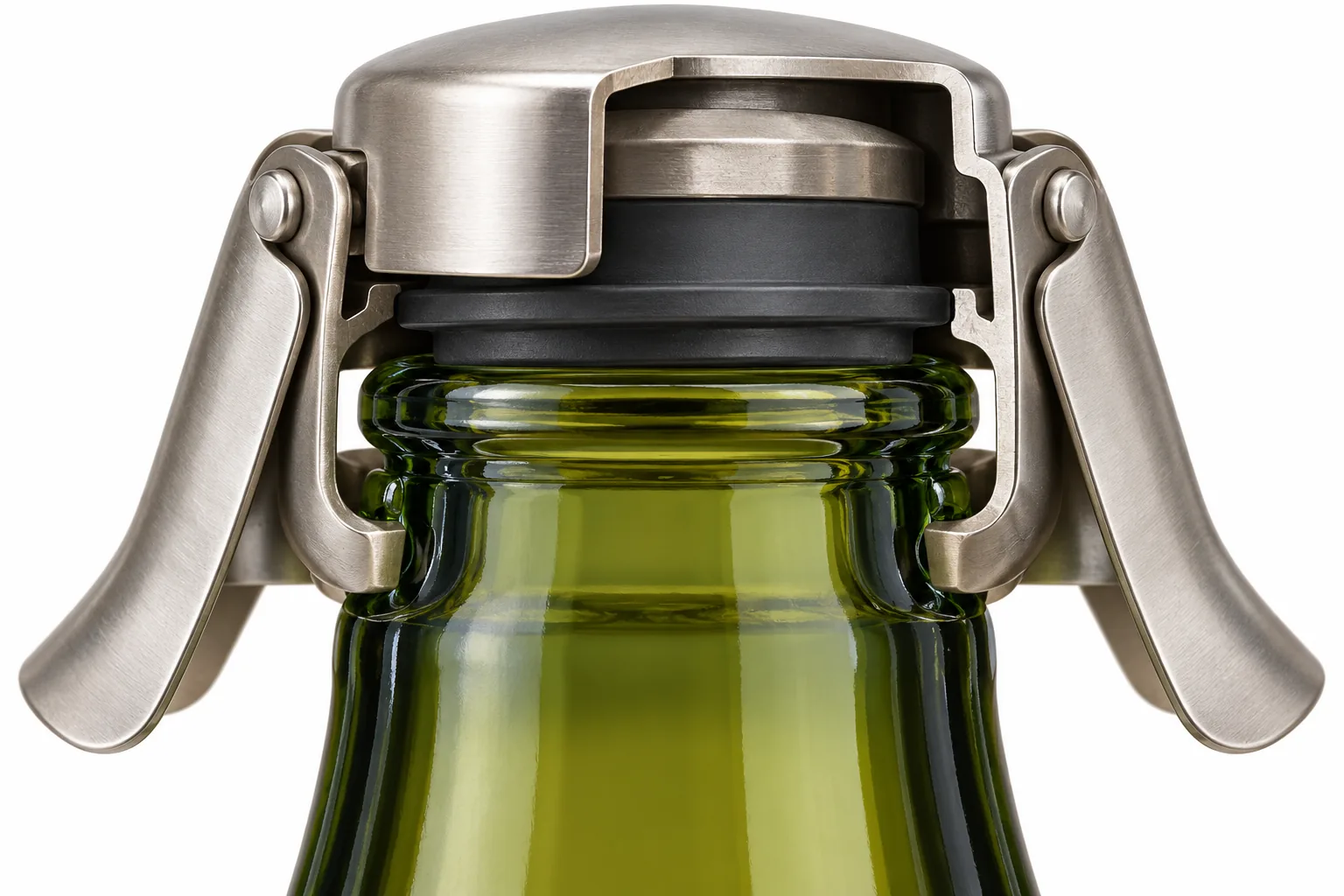 Cutaway concept of a sparkling stopper with the rubber seal at the bottle mouth and the side latches open.