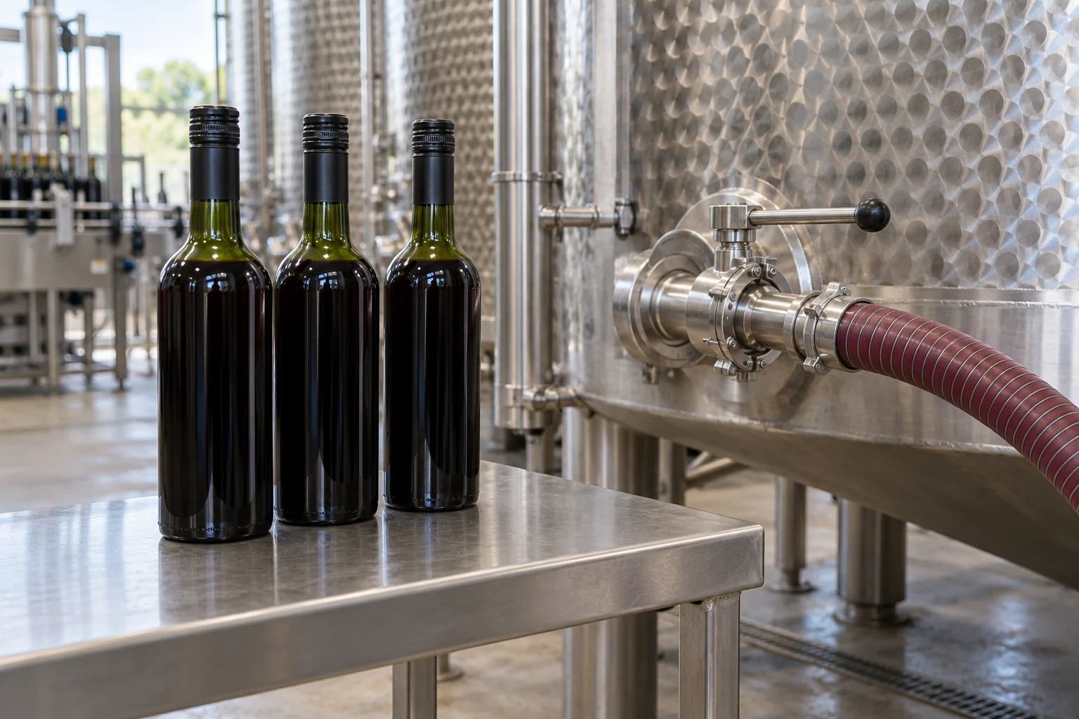 Three sealed wine bottles on a stainless bench beside a tank outlet and transfer hose