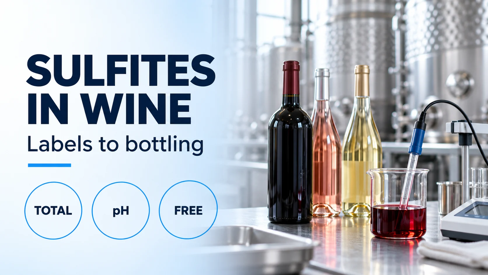 Sulfites in wine banner with total, pH and free labels beside wine bottles and a laboratory sample