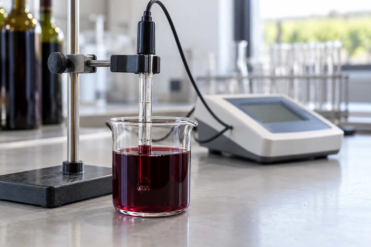 A clamped pH electrode immersed in a beaker of red wine beside a laboratory meter
