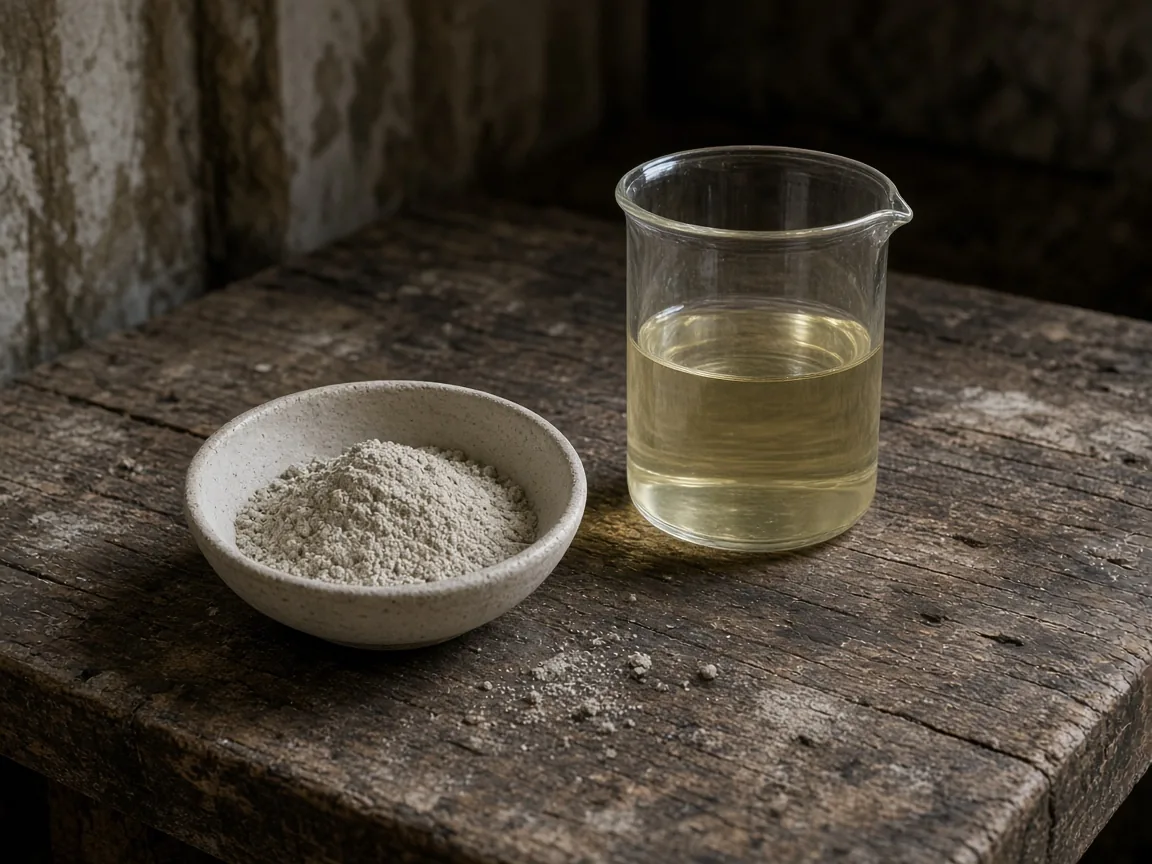 A bowl of pale gray powder beside a beaker of pale liquid on a wooden bench