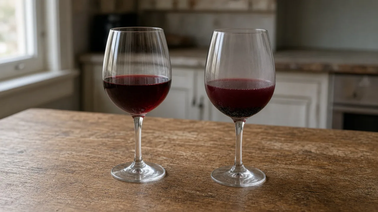Two glasses of red wine on a wooden table. The glass on the right has a dark sediment line at the bottom of the bowl.