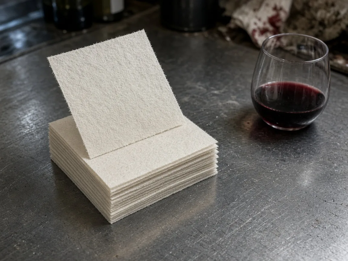 A stack of plain cream sheets on a steel bench, with a glass of red wine beside them