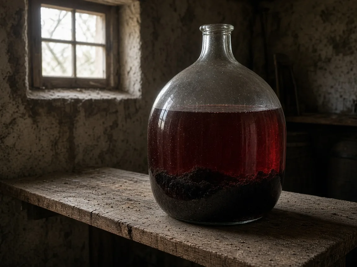 A glass demijohn of red wine on a wooden bench, with a dark sediment layer at the bottom