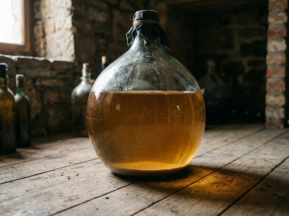 A thin beige sediment layer below golden wine in a plain glass demijohn on a wooden bench