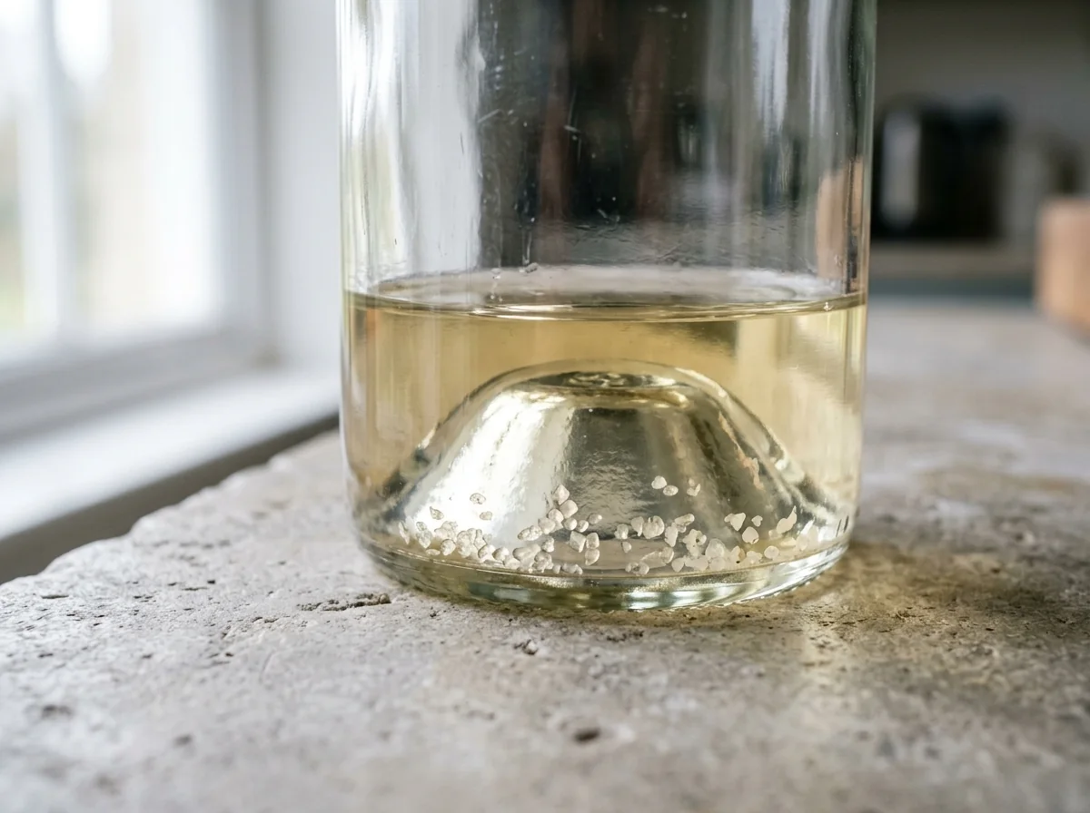 Small pale crystals gathered along the inside bottom edge of an unlabeled bottle containing pale wine