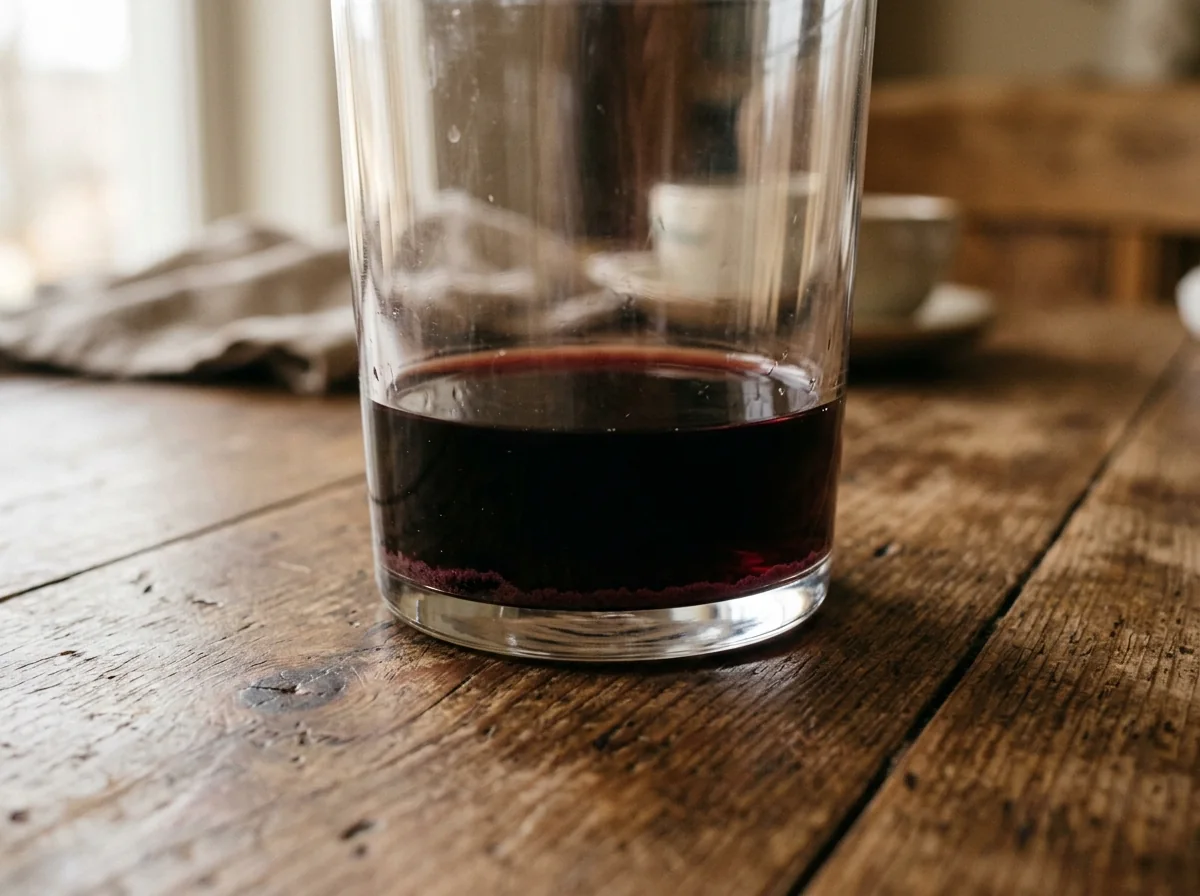 A dark sediment line at the bottom of a clear glass containing red wine on a wooden table.