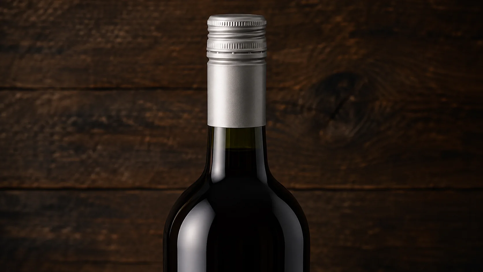 Unbranded dark glass bottle neck closed with a plain aluminum screw cap