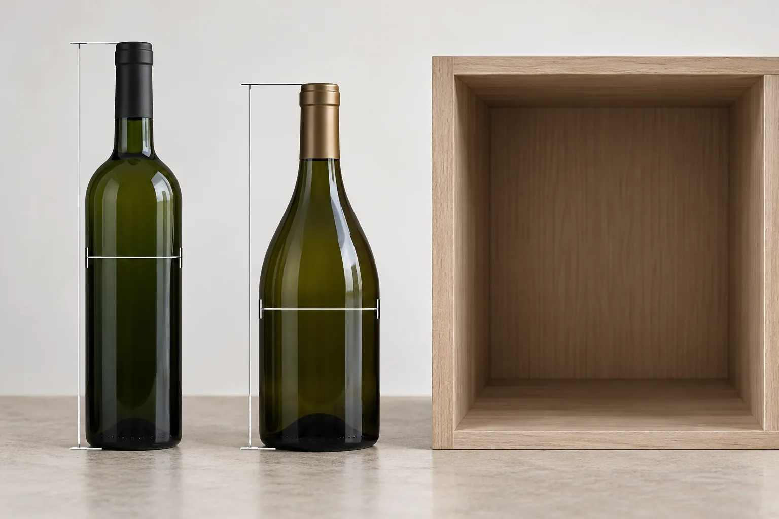 Schematic bottles with different silhouettes beside storage space, with unnumbered height and width measurement lines