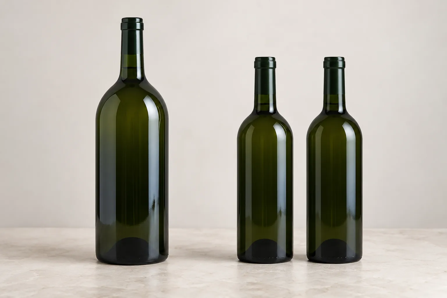 Schematic magnum bottle beside a pair of standard bottles with the same combined nominal wine volume