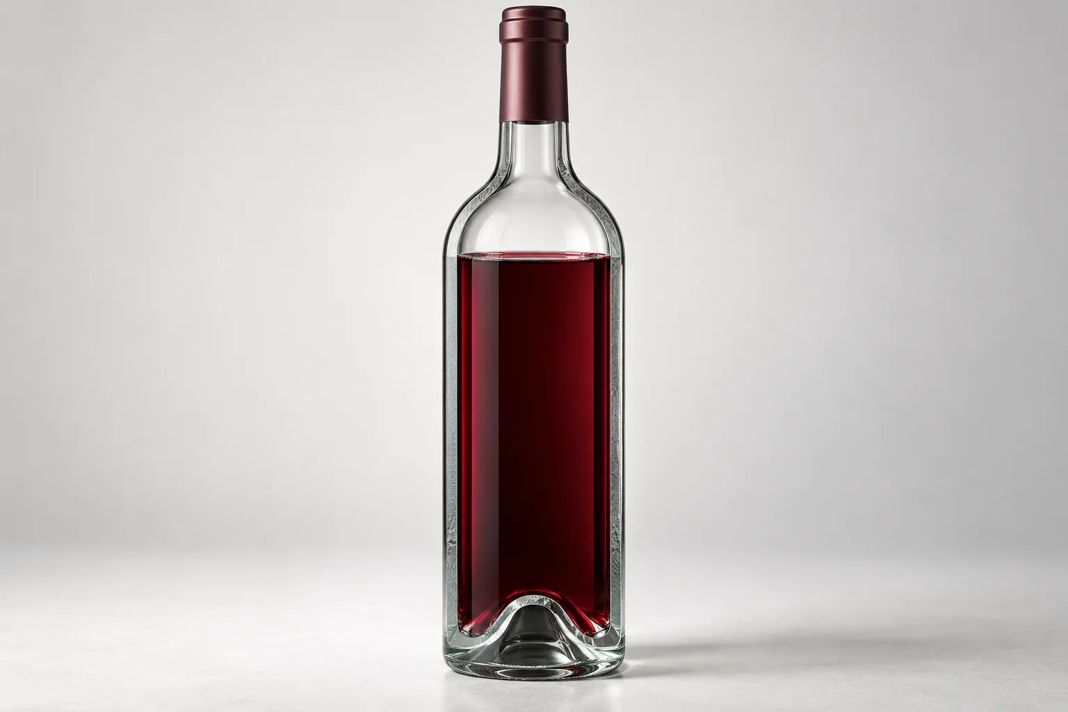 Bottle cutaway separating liquid wine, air above it and the surrounding glass