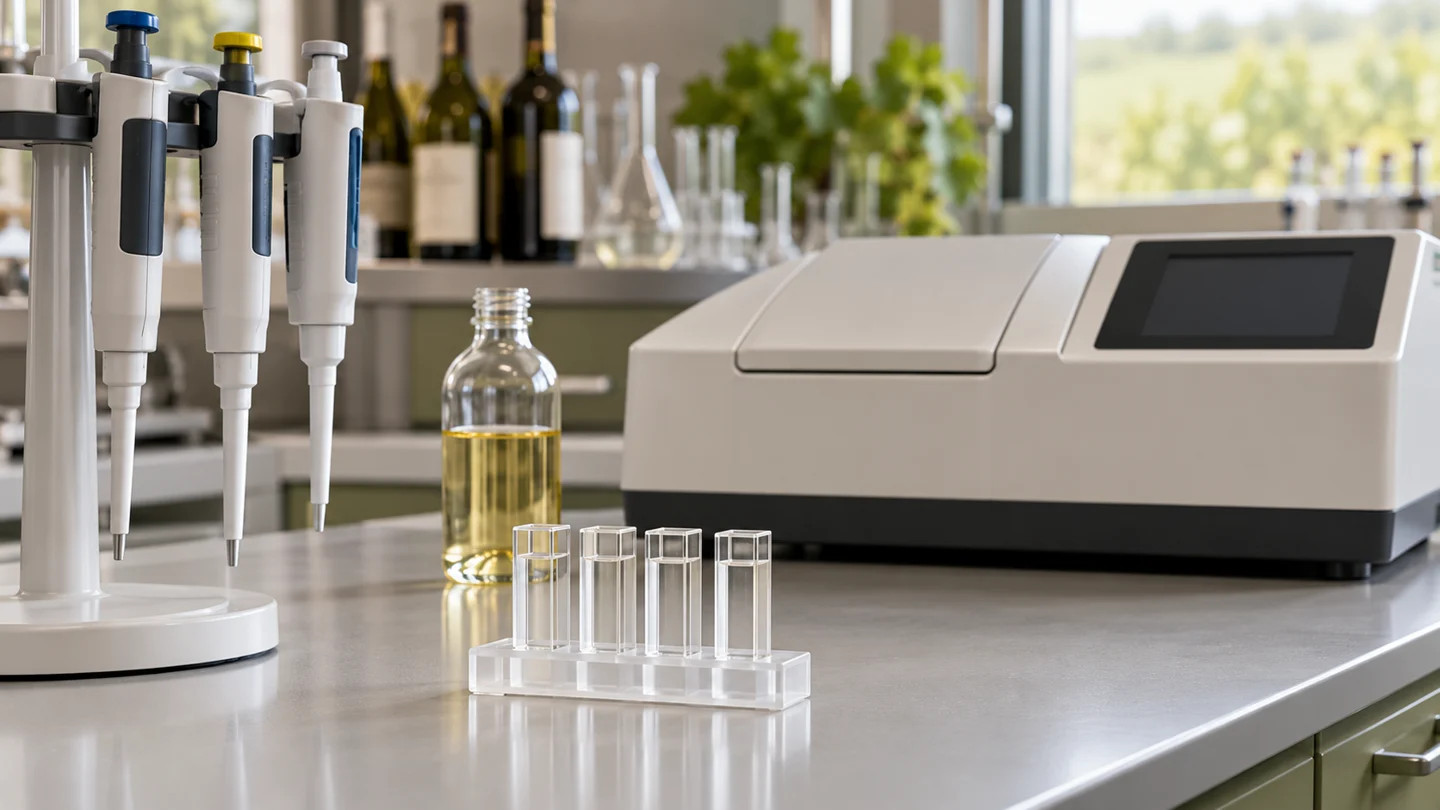 Cuvettes and autopipettes beside a laboratory spectrophotometer