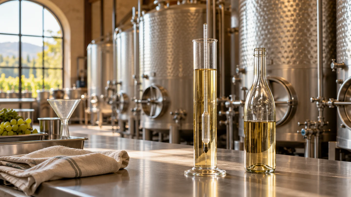 Wine sample and hydrometer beside cellar tanks