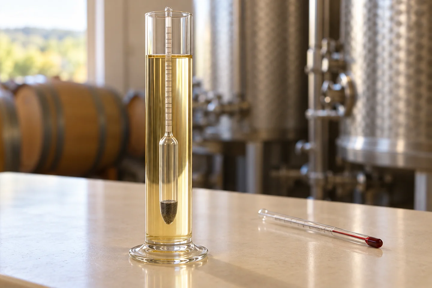 Hydrometer in a wine sample with a thermometer nearby
