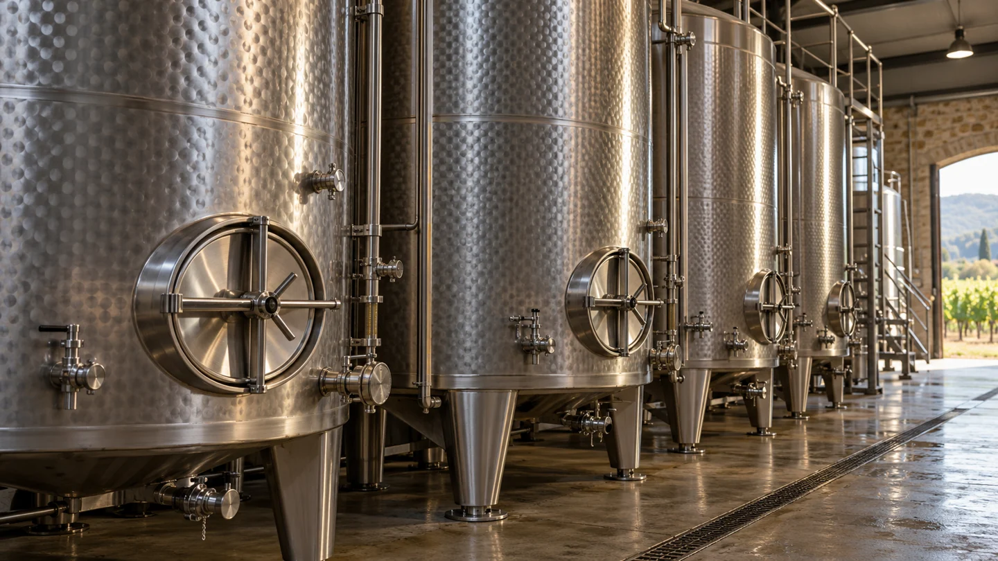 Stainless steel wine fermentation tanks in a cellar