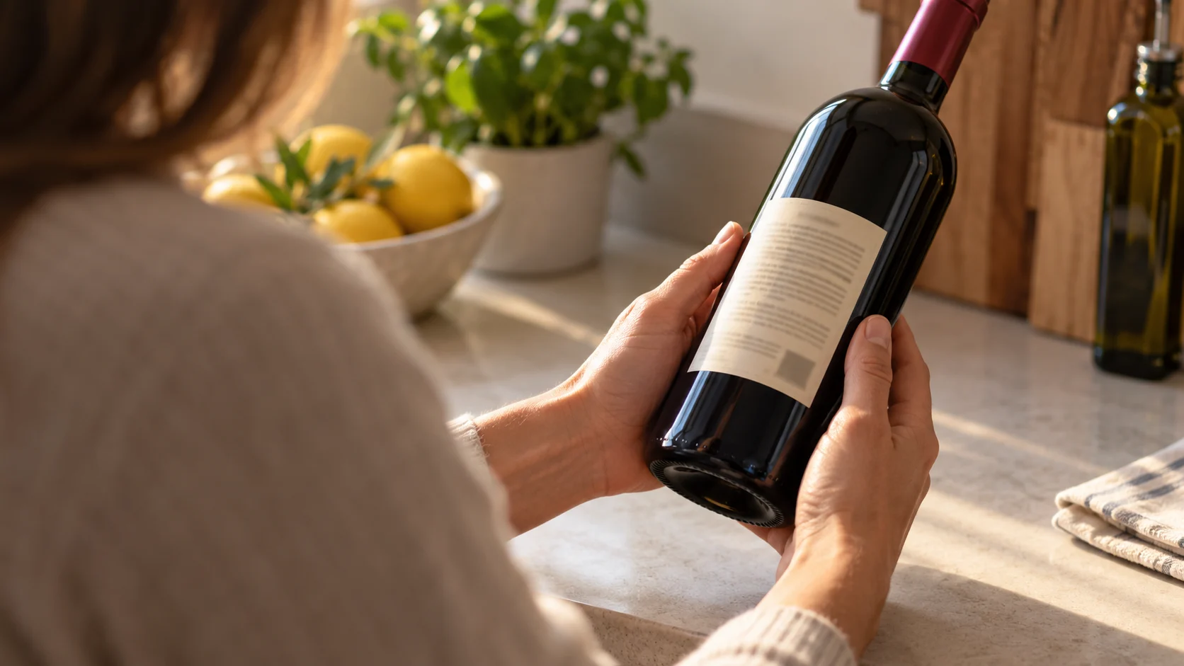 Hands rotating a wine bottle to inspect the small back label