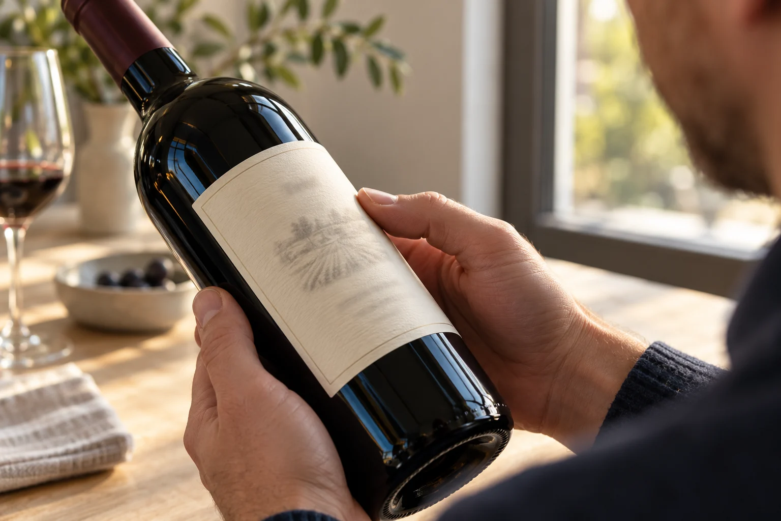 Close view of hands holding a wine bottle by its cream front label