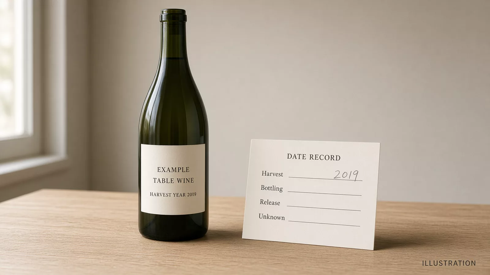 Illustration of an example wine bottle labeled harvest year 2019 beside a date record whose bottling line is blank.